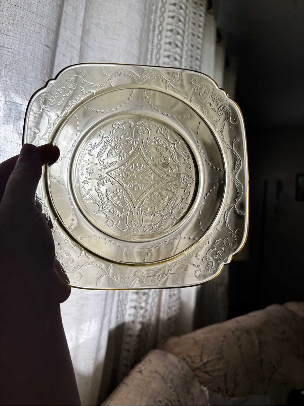 Vintage Federal Glass Yellow Depression Dessert Plate Madrid Pattern 7.5”